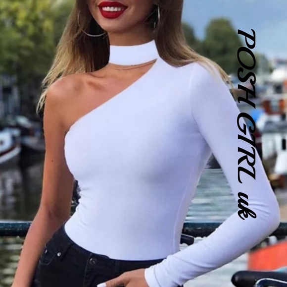 NEW WHITE choker bodysuit Leotard Bodycon long sleeve bodysuits - Picture 3 of 8